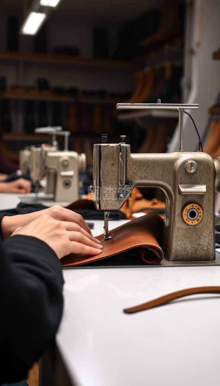 在一個皮革車間里,縫紉機正在用手操作鞋子的皮革細節。
